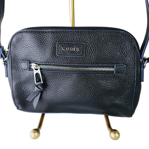 LODIS Charlotte Pebble Black w/ Navy Trim Leather Medium Crossbody Bag Handbag - Picture 5 of 8